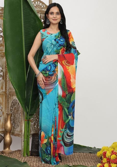 Blue Printed Georgette Saree Set