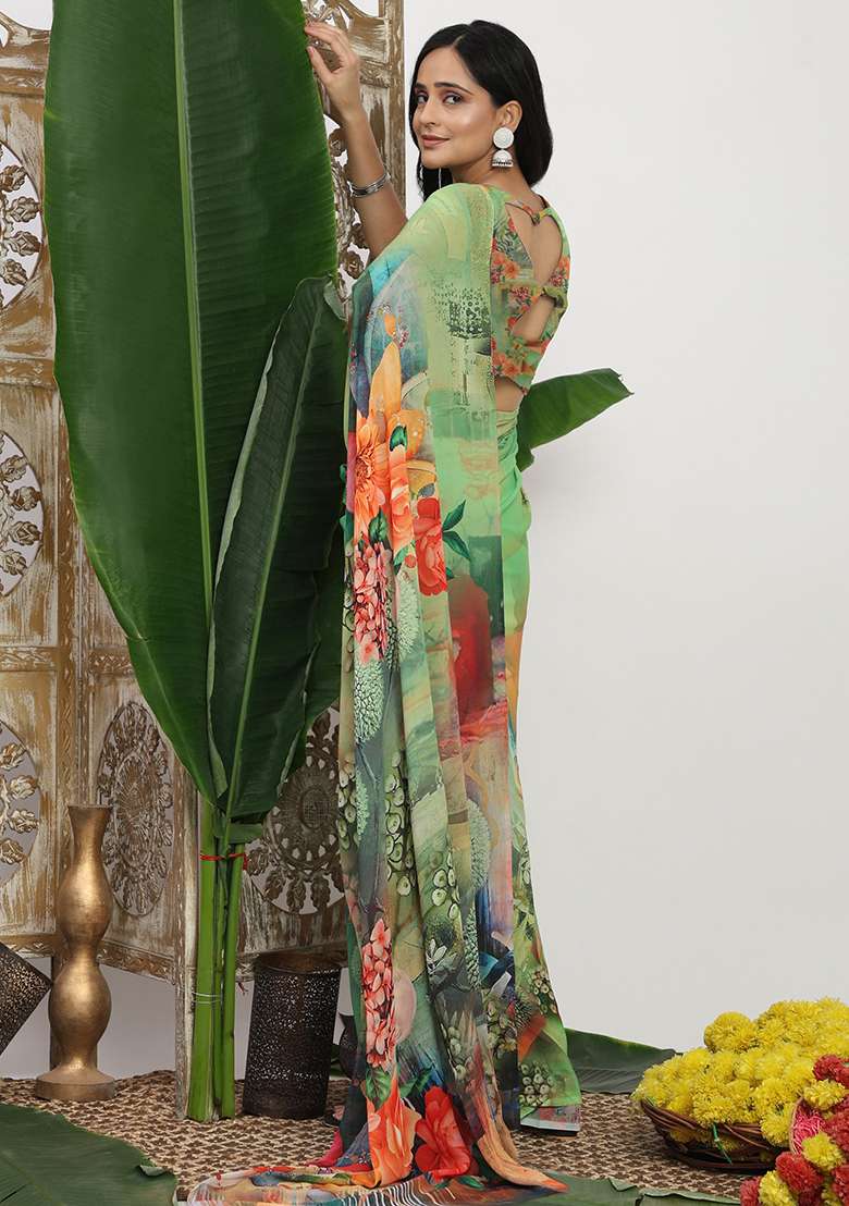 Green Georgette Saree Set with Printed for Diwali | Wedding & Festive Wear - Indya
