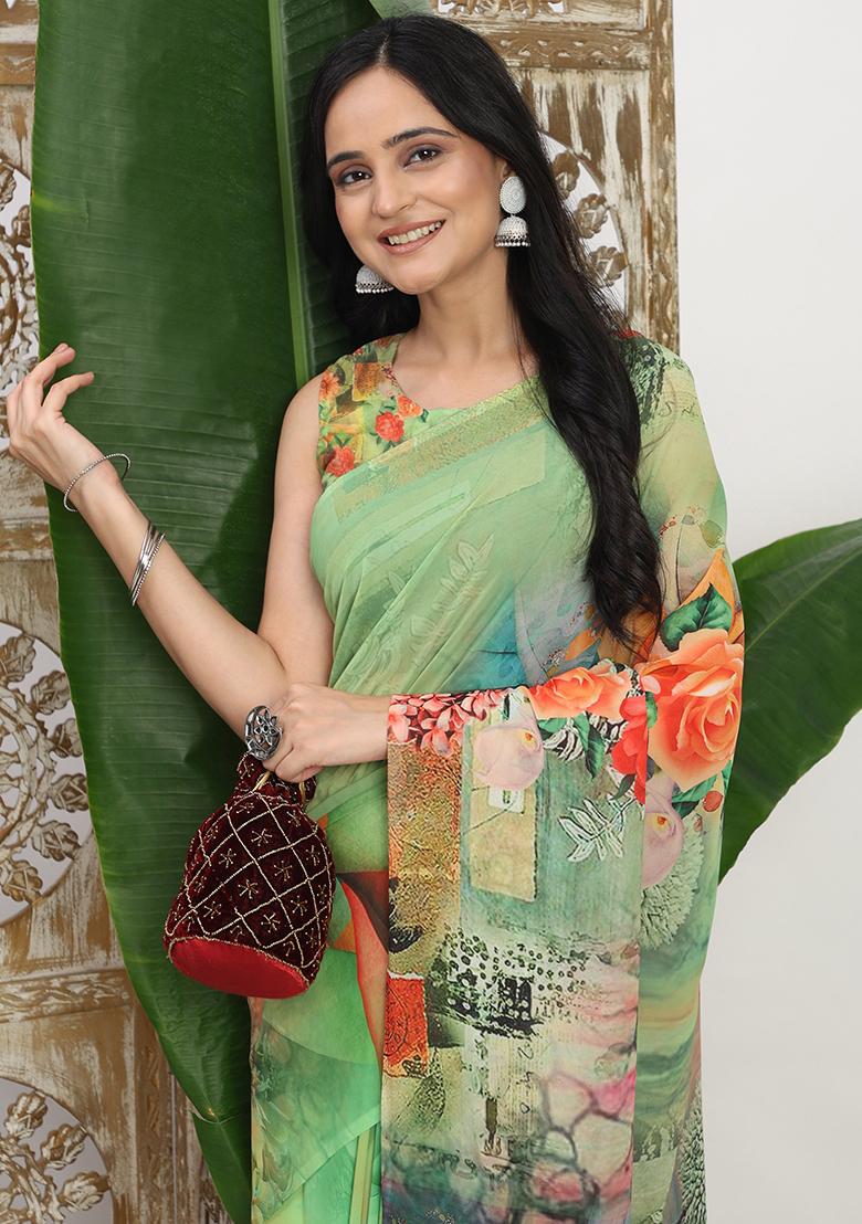 Green Printed Georgette Saree Set - Indya