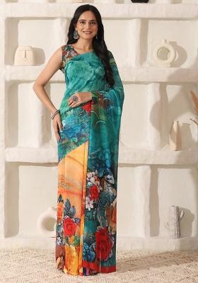 Multi Color Printed Georgette Saree Set