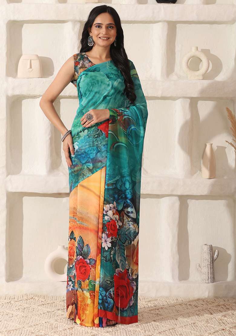Multi Color Georgette Saree Set with Printed for Diwali | Wedding & Festive Wear - Indya