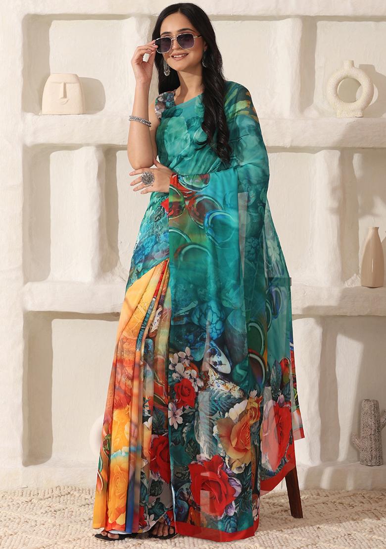 Multi Color Printed Georgette Saree Set - Indya