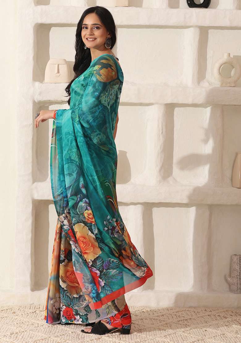 Multi Color Georgette Saree Set with Printed for Diwali | Wedding & Festive Wear - Indya