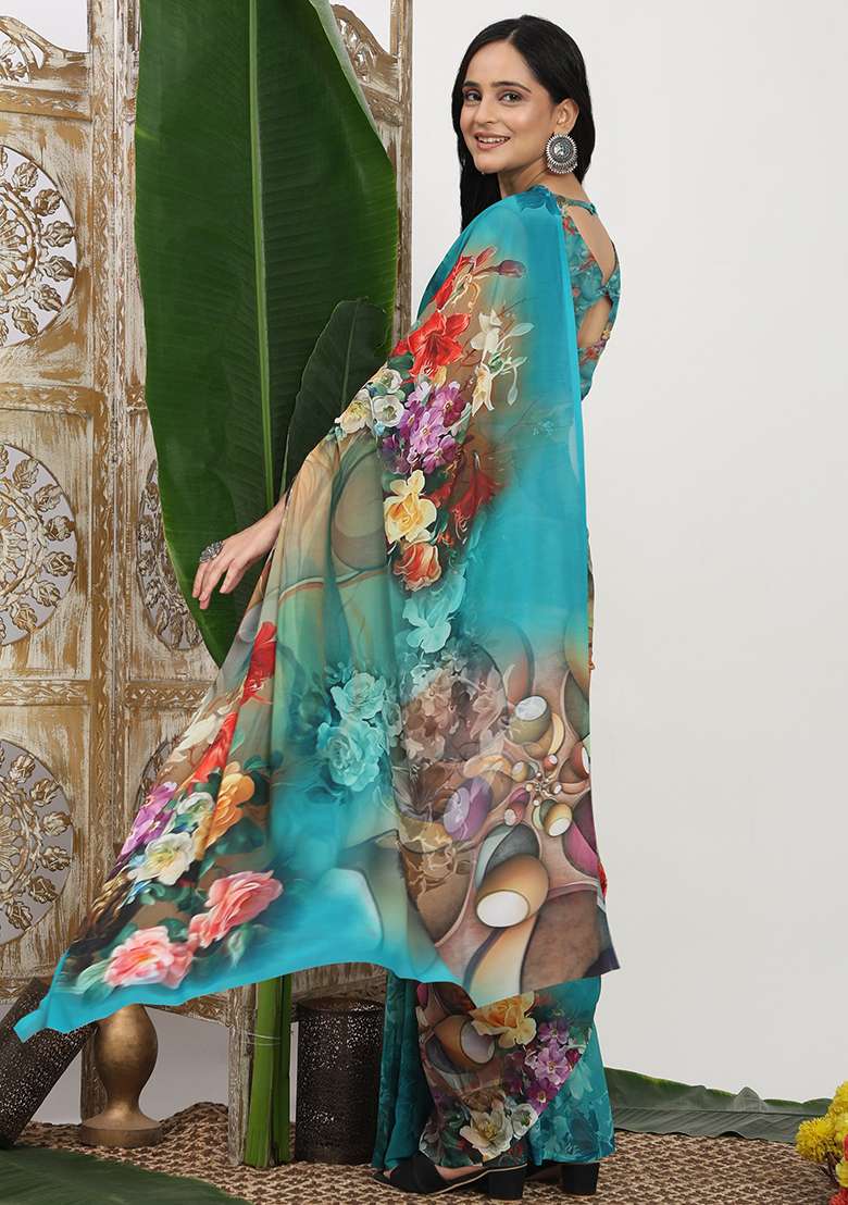 Multi Color Printed Georgette Saree Set for Diwali and Festive Wear - Indya