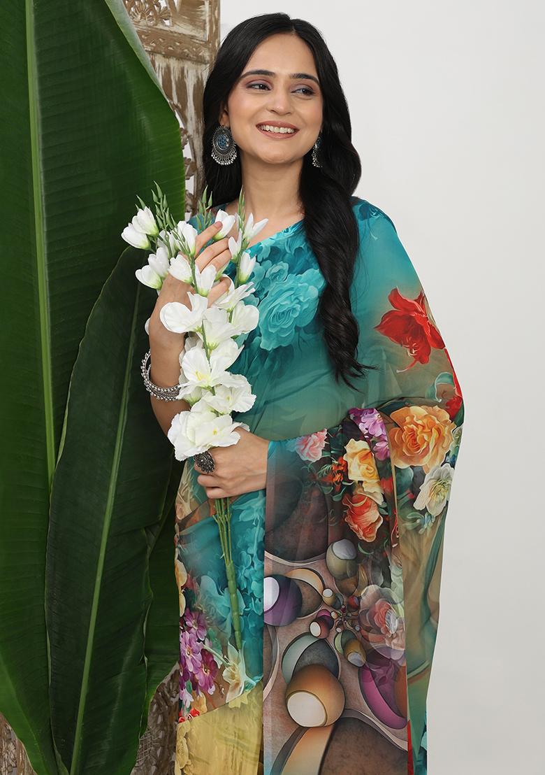 Multi Color Printed Georgette Saree Set - Indya