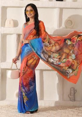 Red Printed Georgette Saree Set