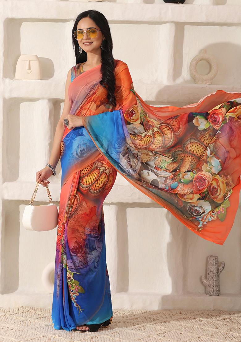 Red Printed Georgette Saree Set - Indya