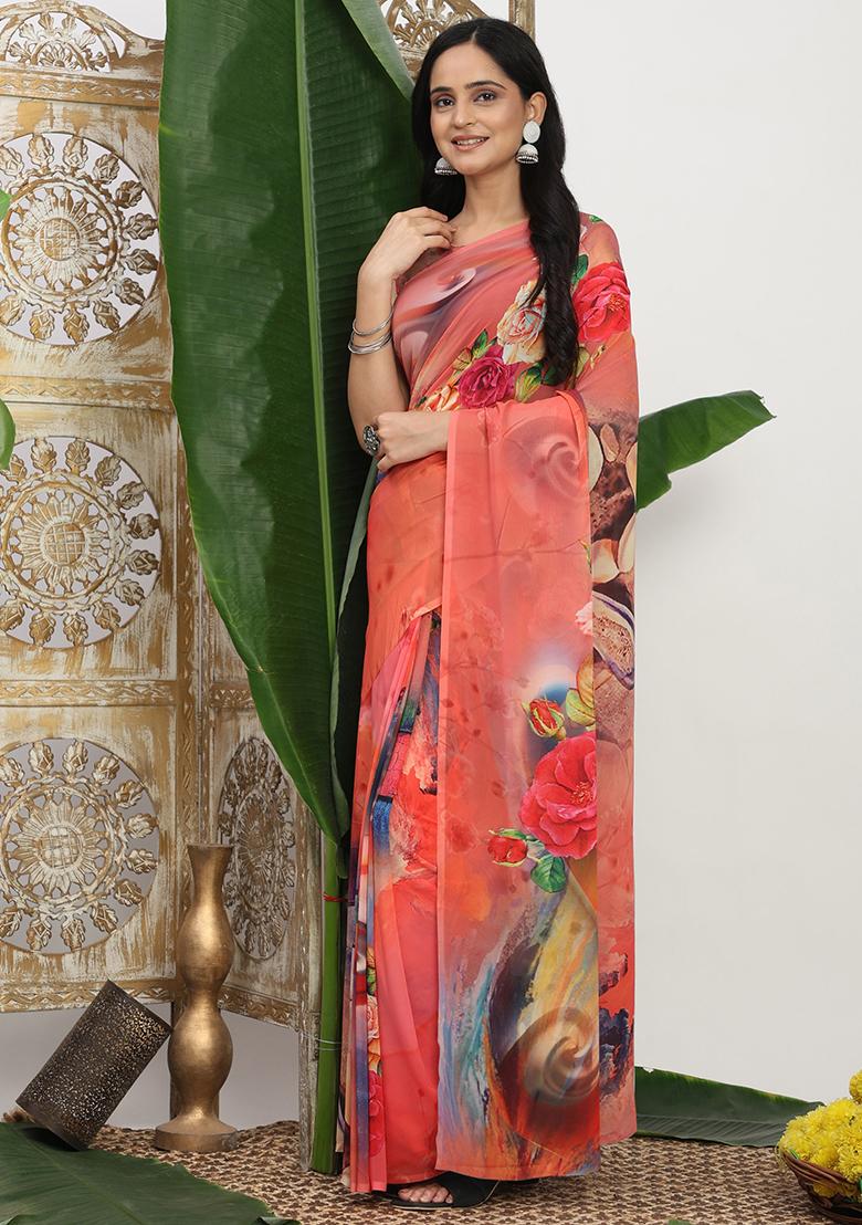 Pink Printed Georgette Saree Set - Indya