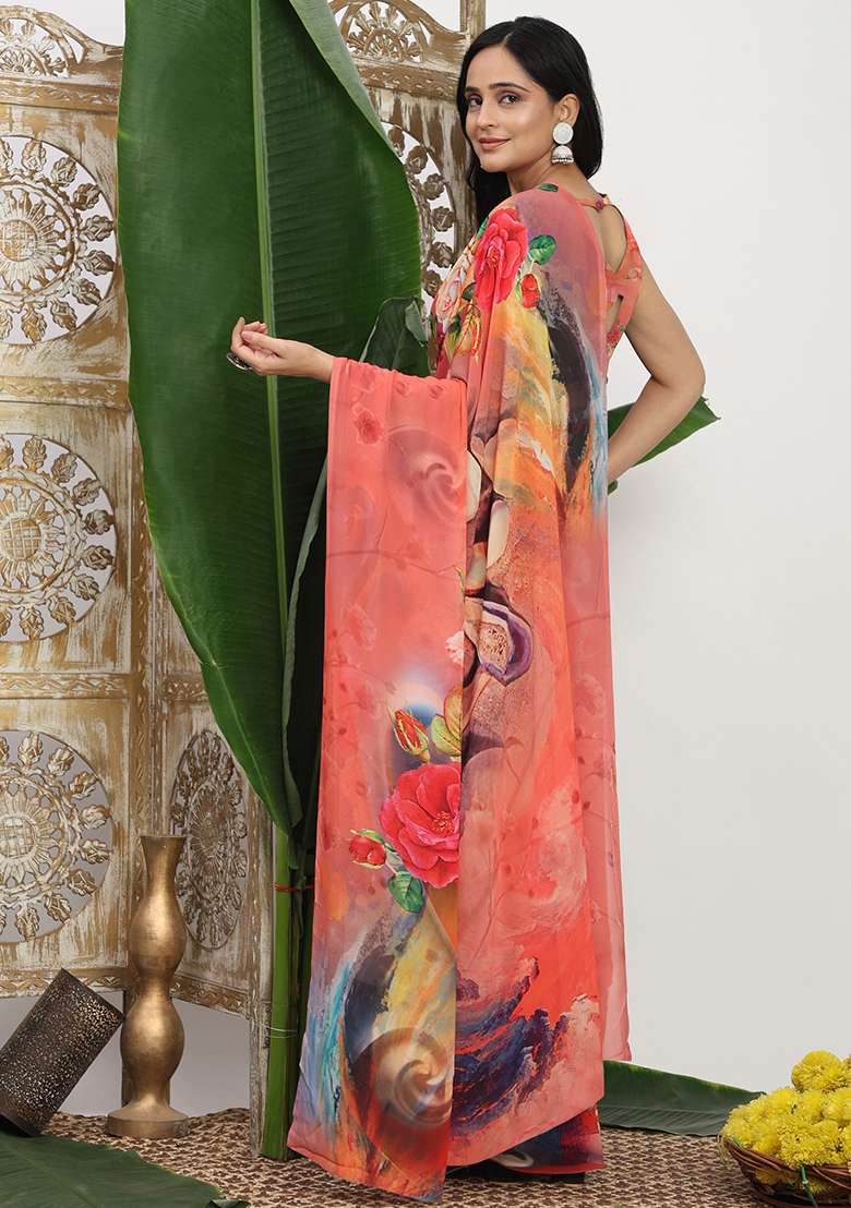 Pink Printed Georgette Saree Set for Diwali and Festive Wear - Indya