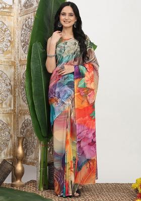 Multi Color Printed Georgette Saree Set