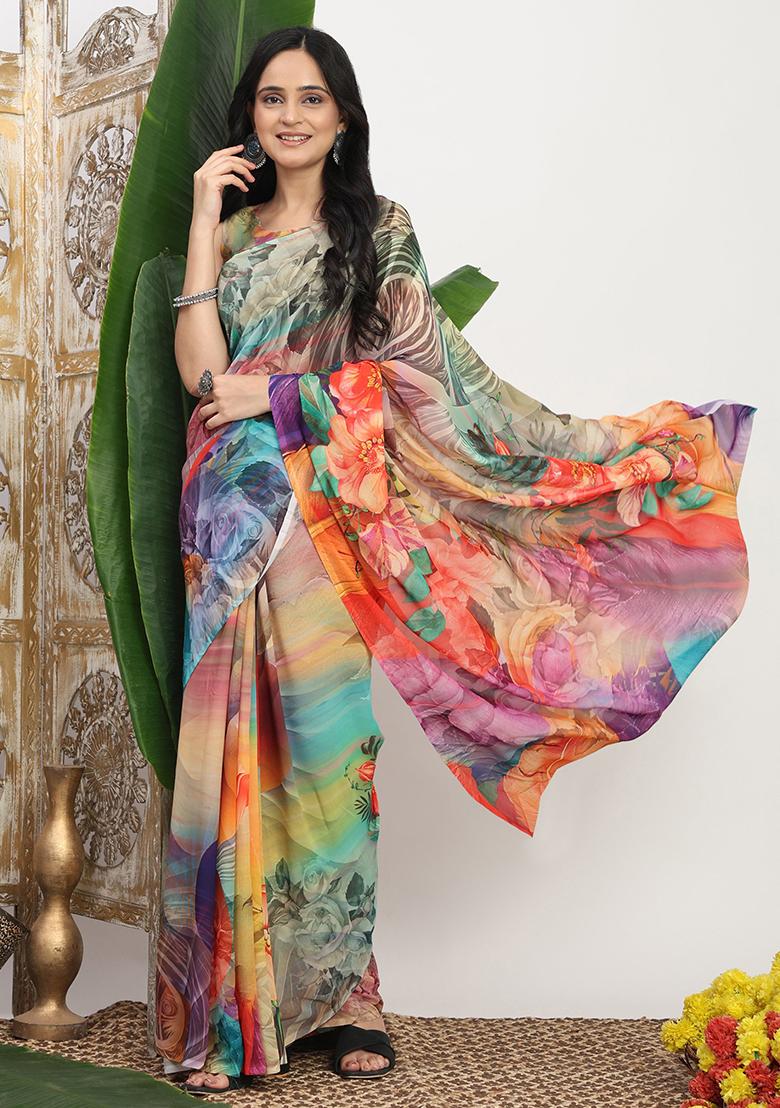 Multi Color Printed Georgette Saree Set - Indya