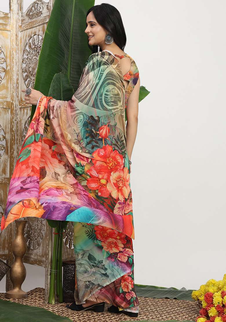 Multi Color Printed Georgette Saree Set for Diwali and Festive Wear - Indya