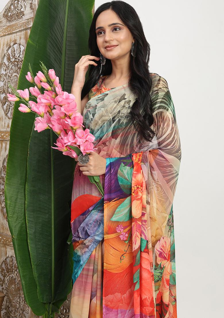 Multi Color Printed Georgette Saree Set - Indya