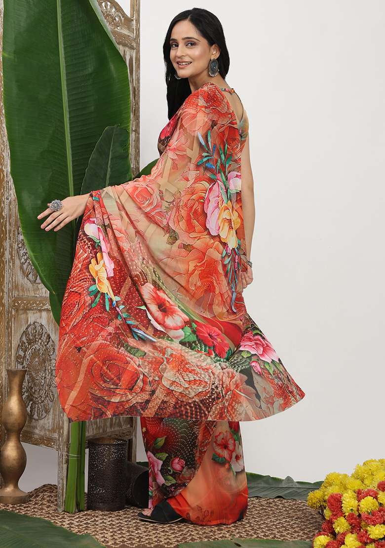 Multi Color Printed Georgette Saree Set for Diwali and Festive Wear - Indya