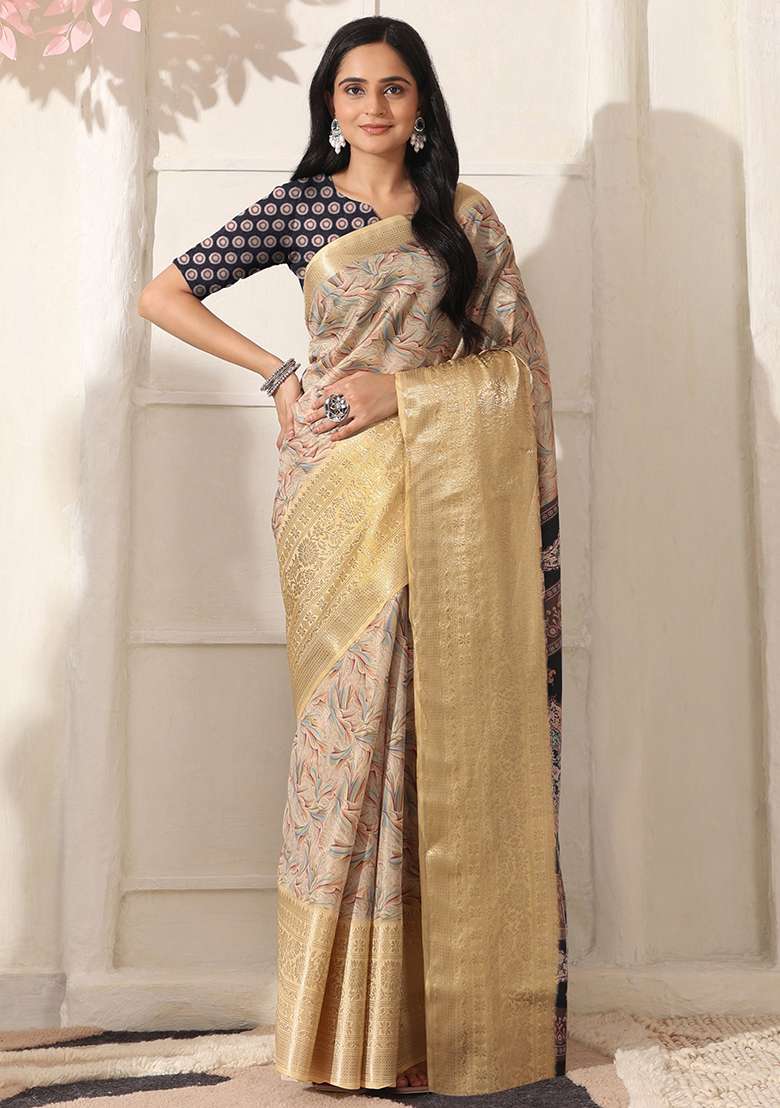 Beige Silk Blend Saree Set with Printed for Diwali | Wedding & Festive Wear - Indya