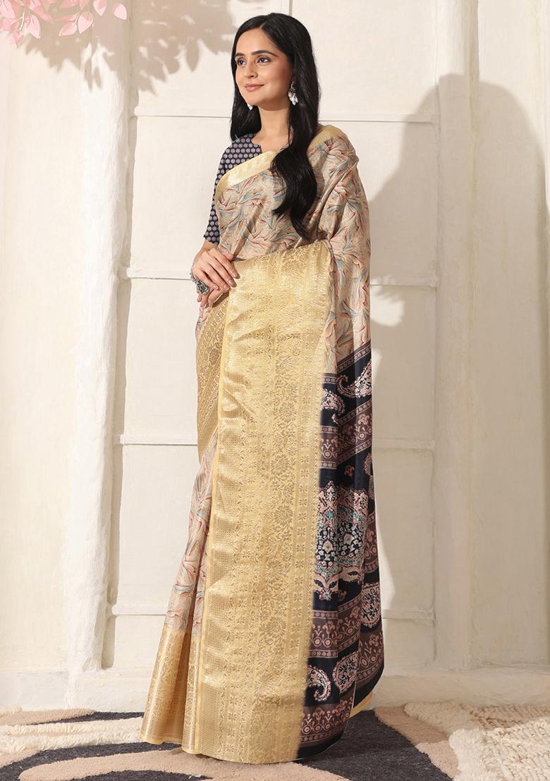 Beige Printed Silk Saree Set - Indya
