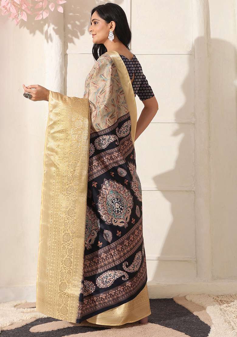 Beige Silk Blend Saree Set with Printed for Diwali | Wedding & Festive Wear - Indya