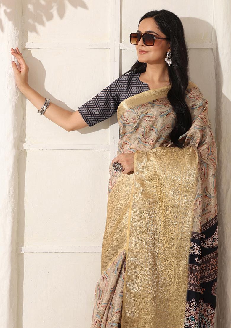 Beige Printed Silk Saree Set - Indya