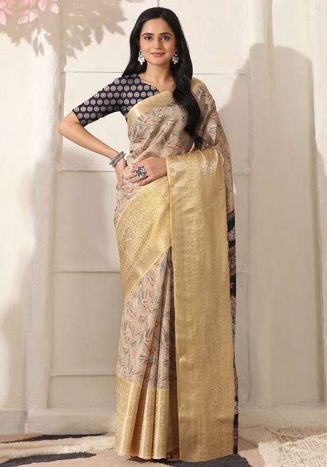 Beige Silk Blend Saree Set with Printed for Diwali | Wedding & Festive Wear