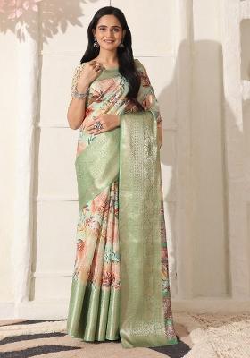 Green Printed Silk Saree Set