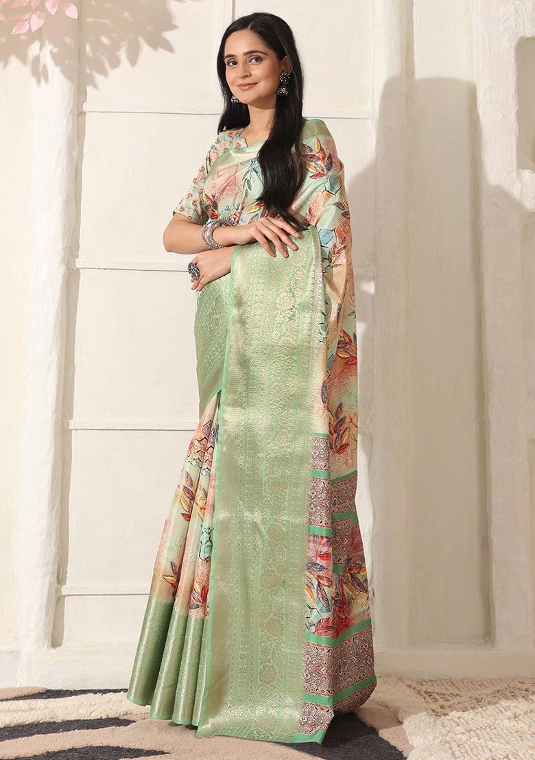 Green Printed Silk Saree Set - Indya