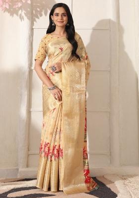 Beige Printed Silk Saree Set