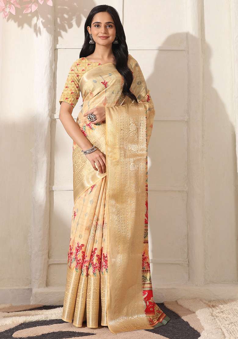 Beige Printed Silk Blend Saree Set for Diwali and Festive Wear - Indya