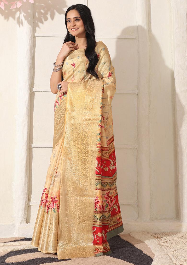 Beige Printed Silk Saree Set - Indya