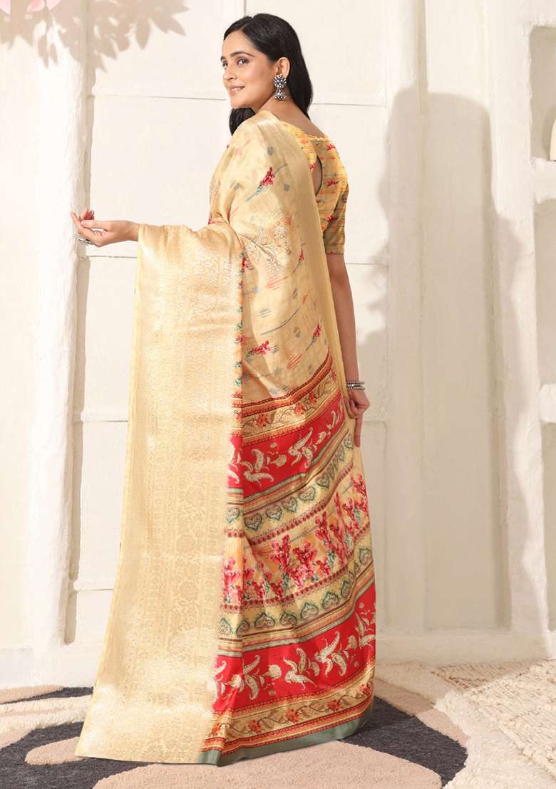 Beige Printed Silk Blend Saree Set for Diwali and Festive Wear - Indya