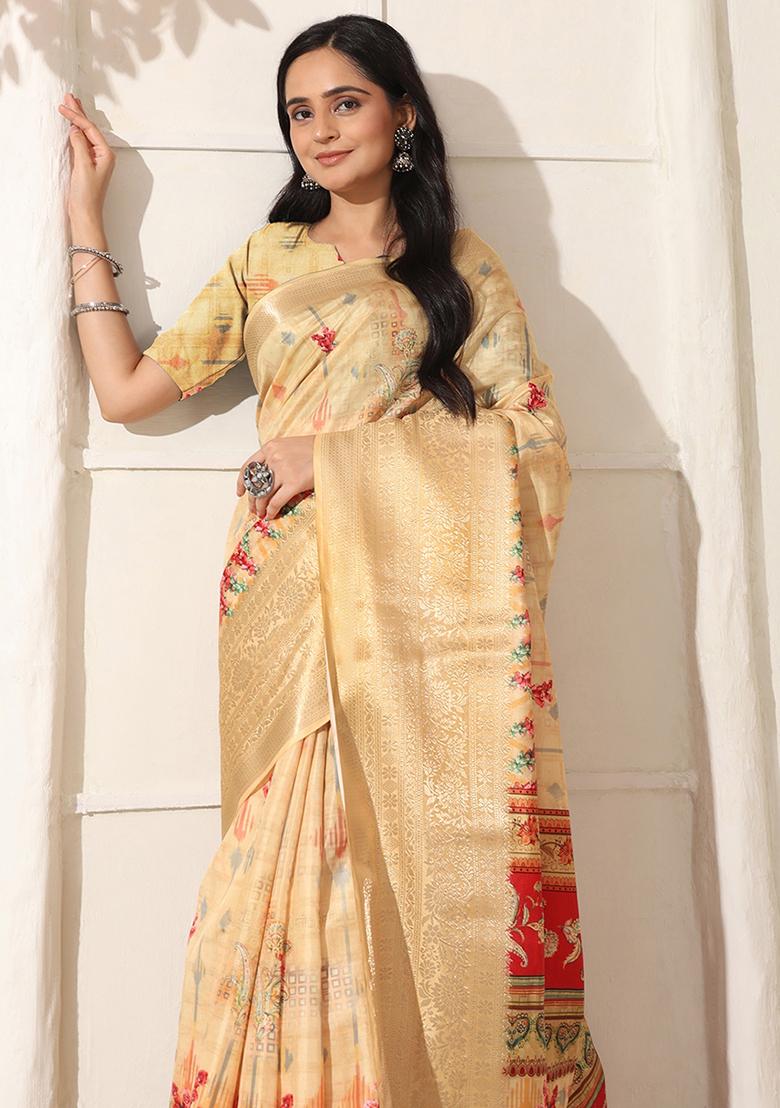 Beige Printed Silk Saree Set - Indya