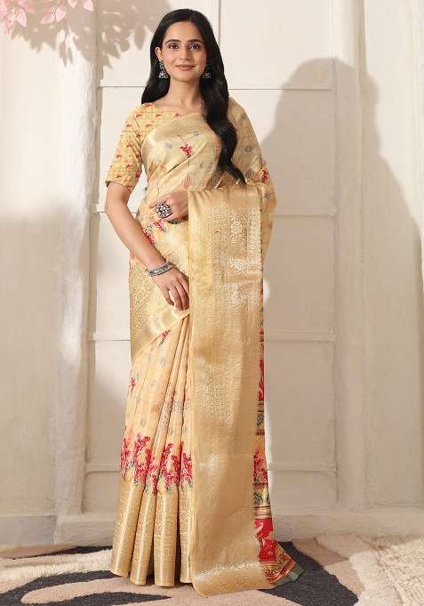 Beige Printed Silk Blend Saree Set for Diwali and Festive Wear