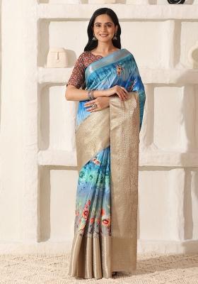 Sky Blue Printed Silk Saree Set