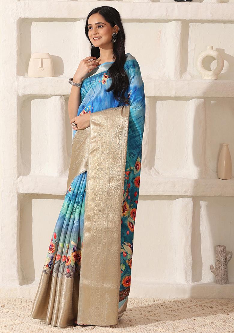 Sky Blue Printed Silk Saree Set - Indya