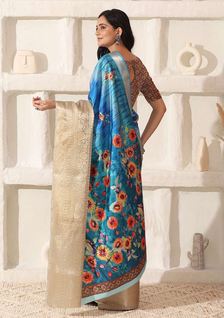 Sky Blue Printed Silk Blend Saree Set for Diwali and Festive Wear - Indya