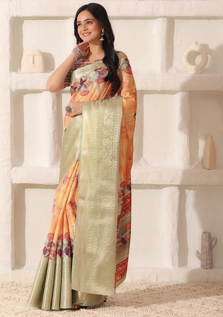 Peach Printed Silk Saree Set - Indya