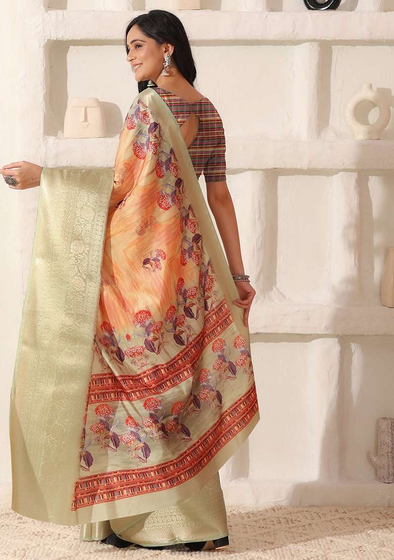 Peach Printed Silk Blend Saree Set for Diwali and Festive Wear - Indya