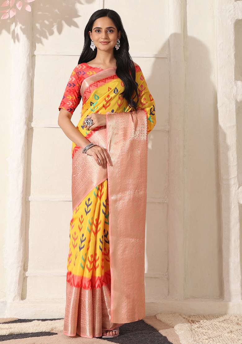 Yellow Printed Silk Blend Saree Set for Diwali and Festive Wear - Indya