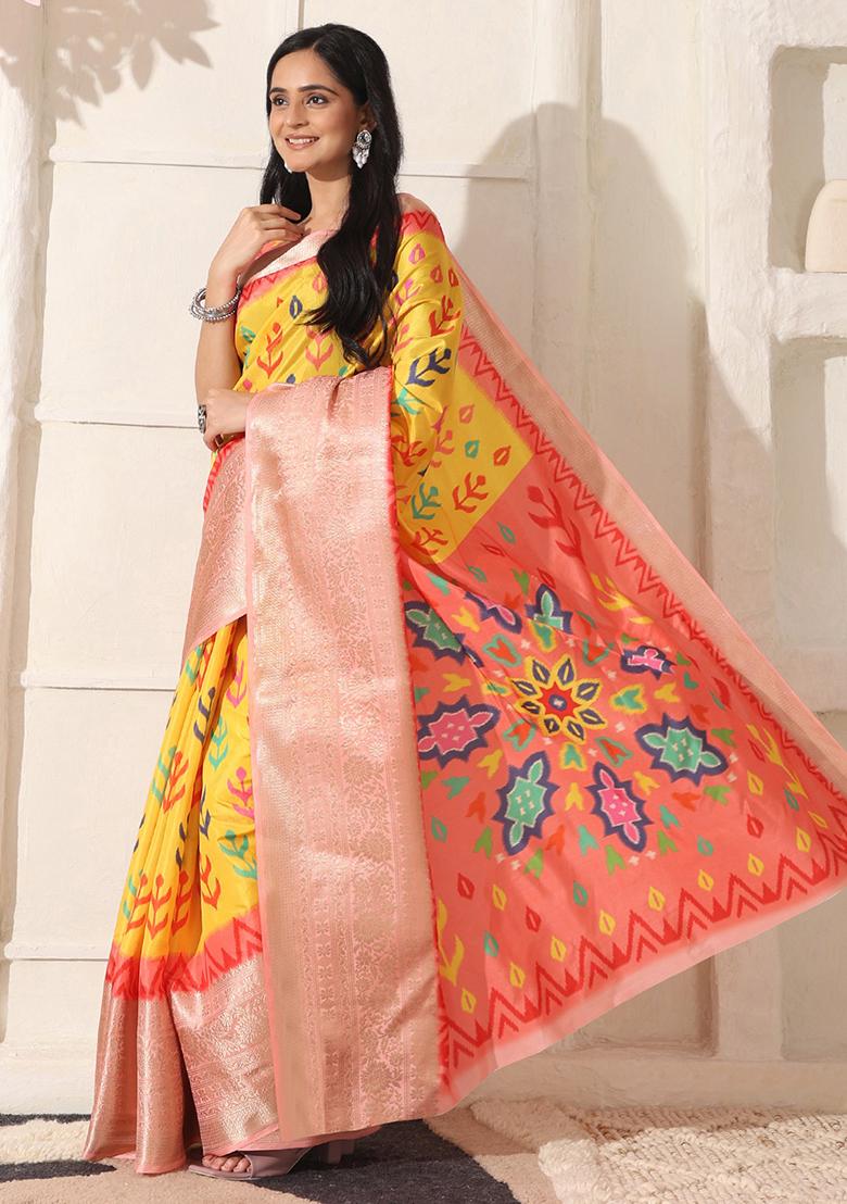 Yellow Printed Silk Saree Set - Indya