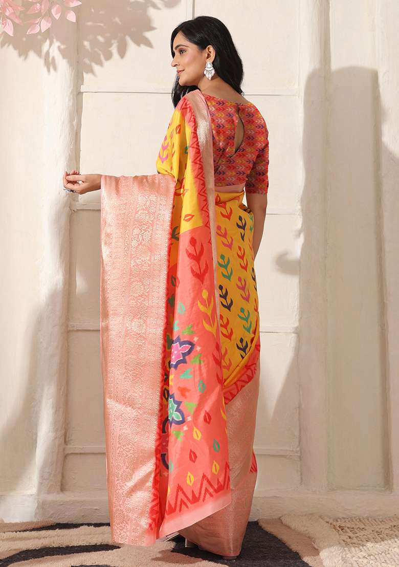 Yellow Printed Silk Blend Saree Set for Diwali and Festive Wear - Indya