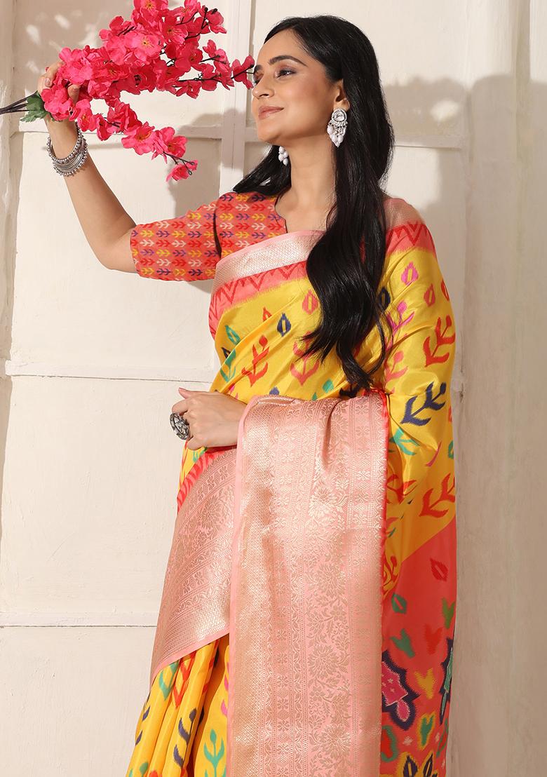 Yellow Printed Silk Saree Set - Indya