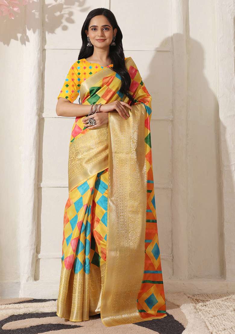 Yellow Silk Blend Saree Set with Printed for Diwali | Wedding & Festive Wear - Indya