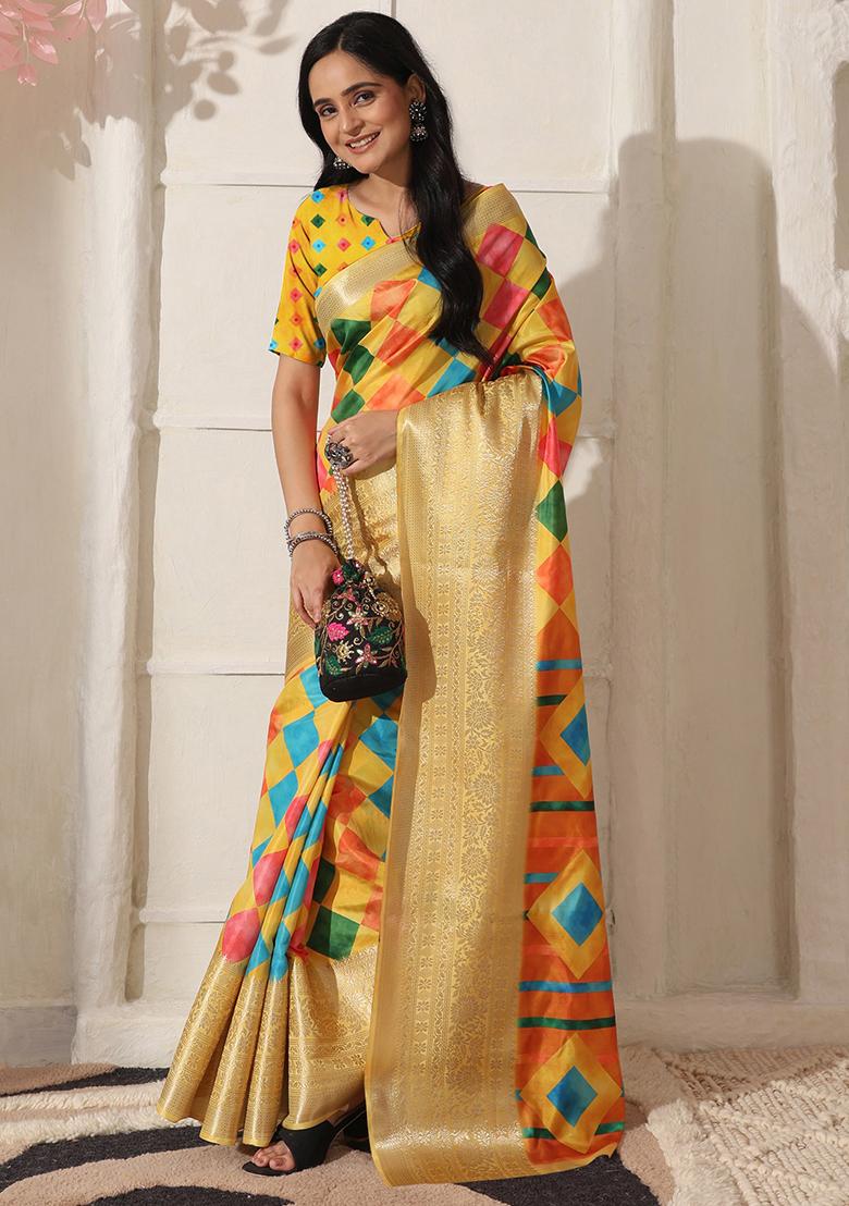 Yellow Printed Silk Saree Set - Indya