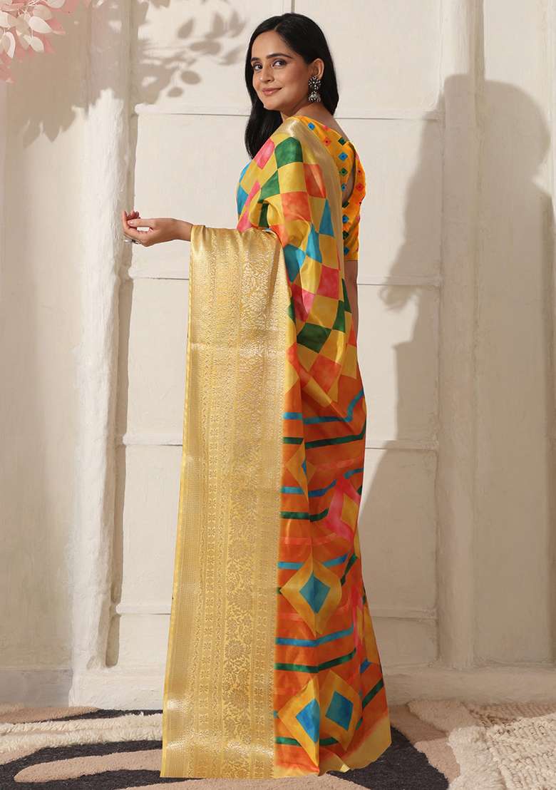 Yellow Silk Blend Saree Set with Printed for Diwali | Wedding & Festive Wear - Indya