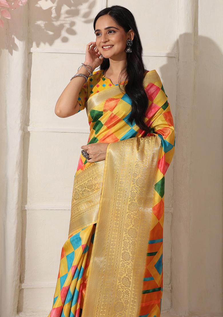 Yellow Printed Silk Saree Set - Indya