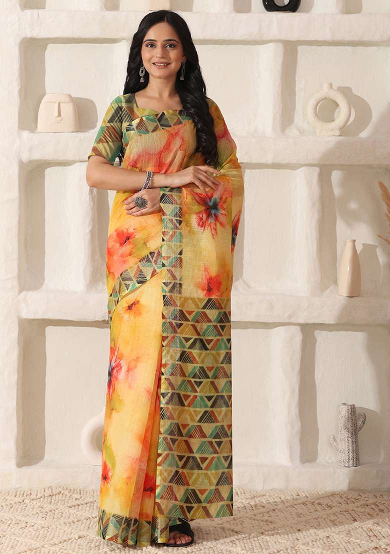 Yellow Linen Saree Set with Printed for Diwali | Wedding & Festive Wear - Indya