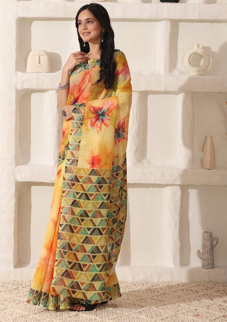 Yellow Printed Linen Saree Set - Indya