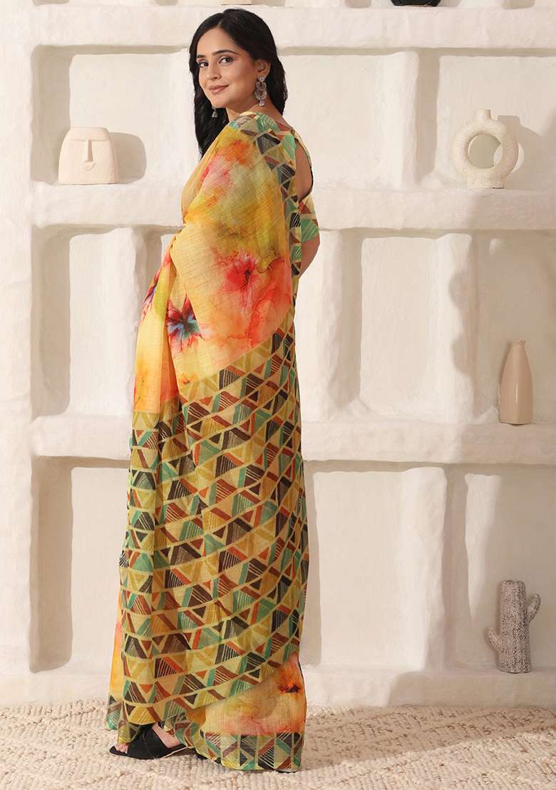 Yellow Linen Saree Set with Printed for Diwali | Wedding & Festive Wear - Indya