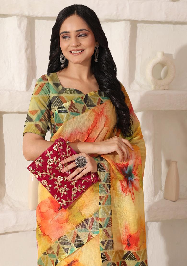 Yellow Printed Linen Saree Set - Indya