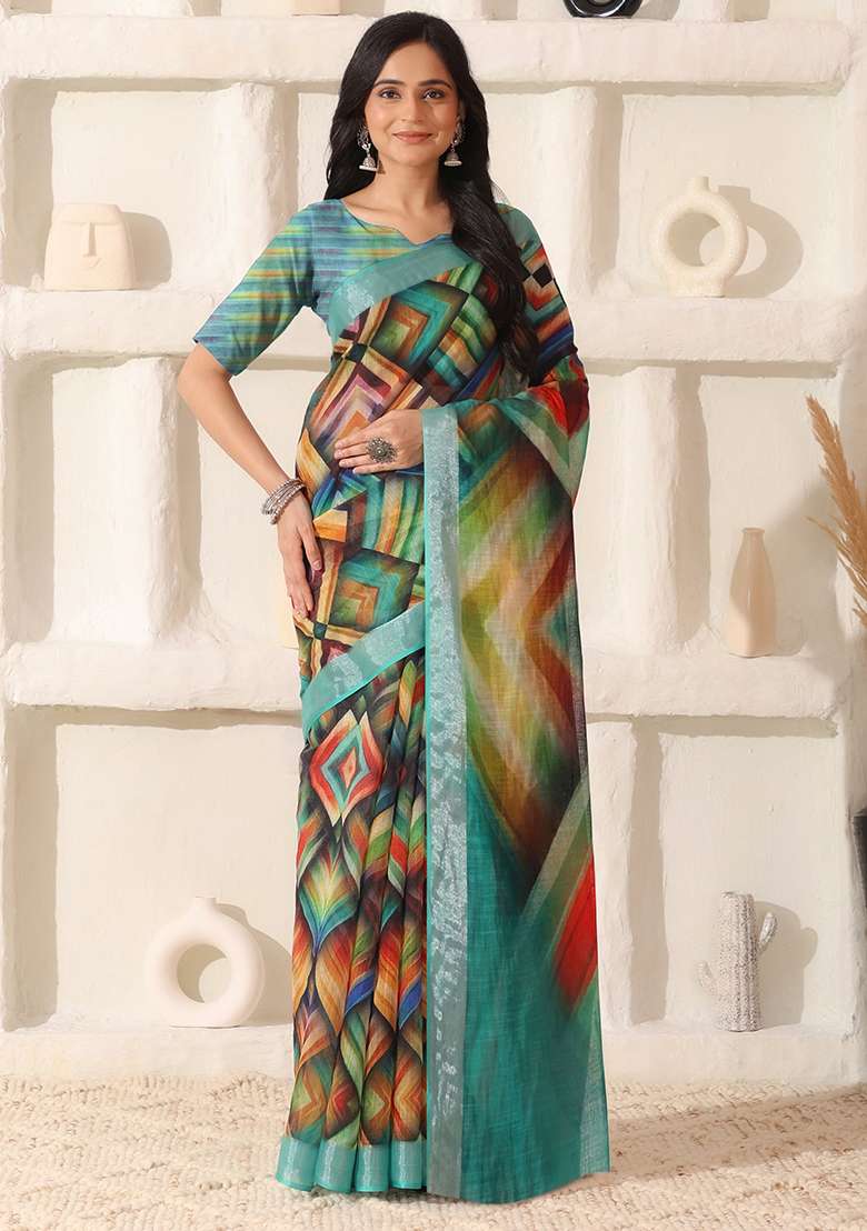Multi Color Printed Linen Saree Set for Diwali and Festive Wear - Indya