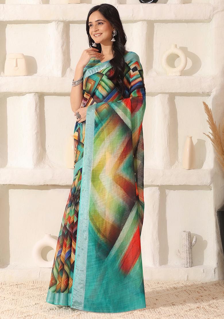 Multi Color Printed Linen Saree Set - Indya